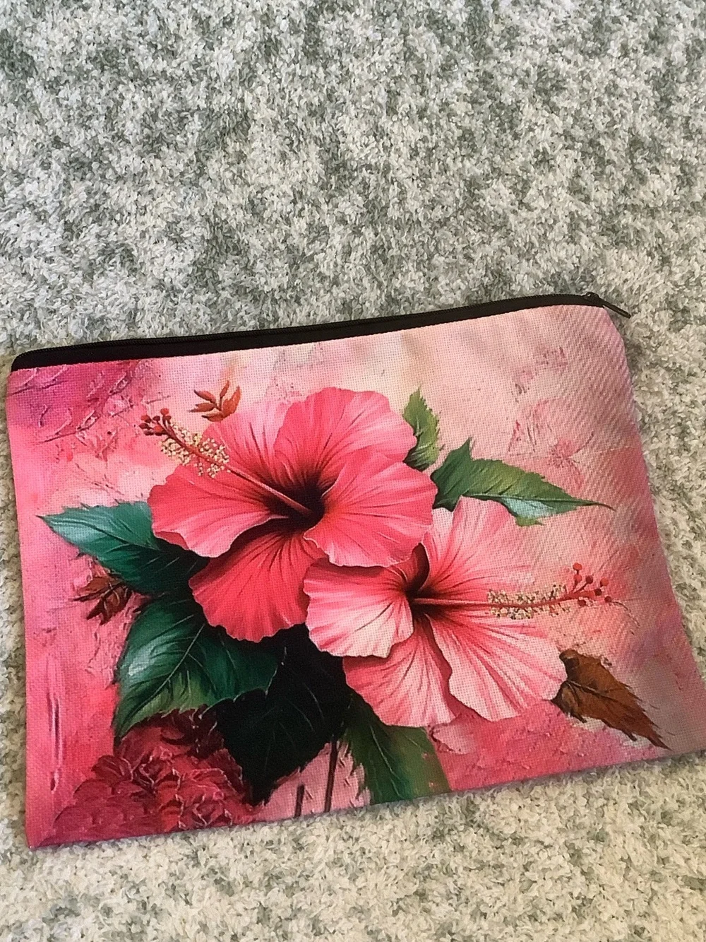 Hot Pink Tropical Floral Cosmetic Bag Canvas Pouch with Hibiscus Print NWT 10x7.